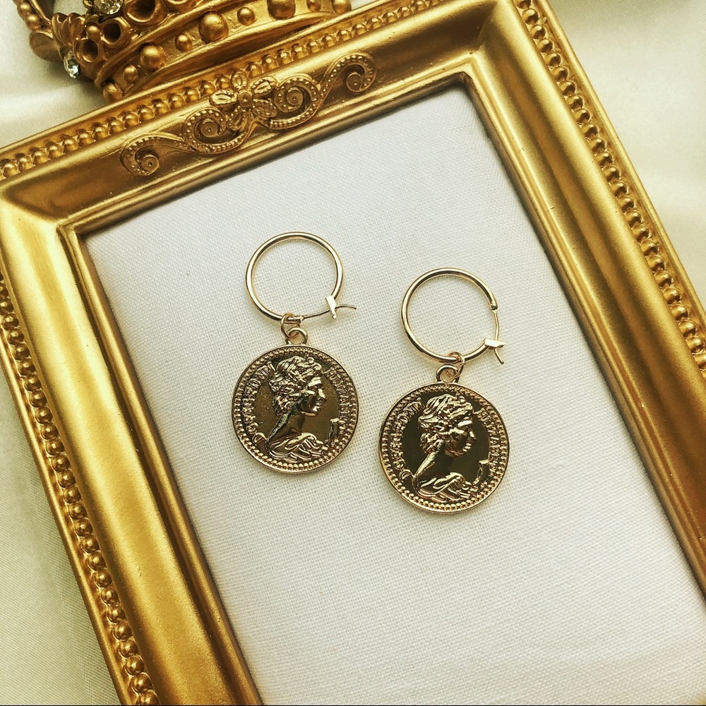 Gold Coin Pendant Portrait Religious Hoop Earrings - Picture 3 of 4